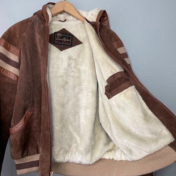 Vintage Brown Suede Leather Bomber Jacket Mens Size 42 Retro 70s 80s Coat Fur - Picture 7 of 14
